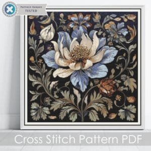 William Morris Tapestry-Inspired Vintage Blue Flower Nature Cross Stitch Pattern, Decorative Arts & Crafts Embroidery Decor, Full Coverage