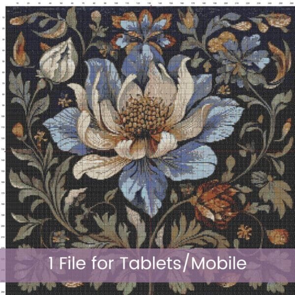 William Morris Tapestry-Inspired Vintage Blue Flower Nature Cross Stitch Pattern, Decorative Arts & Crafts Embroidery Decor, Full Coverage