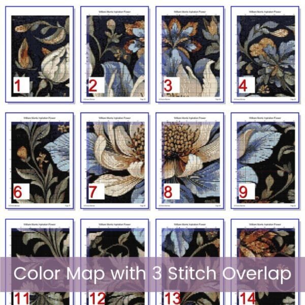 William Morris Tapestry-Inspired Vintage Blue Flower Nature Cross Stitch Pattern, Decorative Arts & Crafts Embroidery Decor, Full Coverage