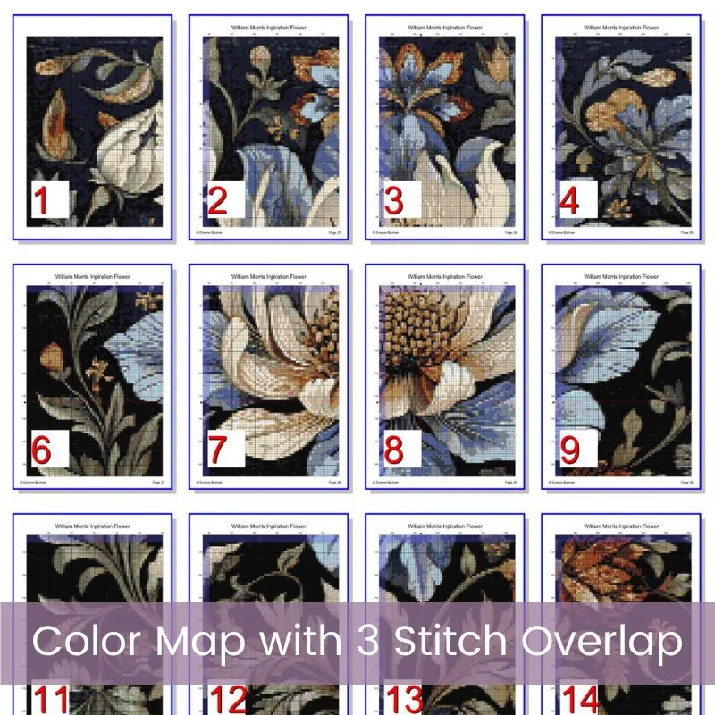 William Morris Tapestry-Inspired Vintage Blue Flower Nature Cross Stitch Pattern, Decorative Arts & Crafts Embroidery Decor, Full Coverage
