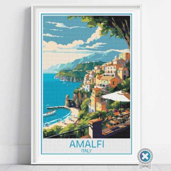 Amalfi Italy Travel Poster Cross Stitch Pattern, Retro Travel Poster, Vintage Poster Cross Stitch PDF Chart, Instant Download, Full Coverage