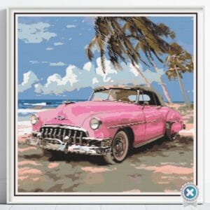 Pink Car on a Beach Cross Stitch Pattern, Tropical Maximalist Retro Car Cross Stitch, Summer Full Coverage Coastal Decor Embroidery