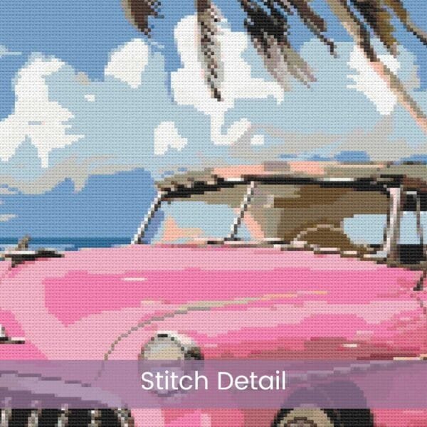Pink Car on a Beach Cross Stitch Pattern, Tropical Maximalist Retro Car Cross Stitch, Summer Full Coverage Coastal Decor Embroidery